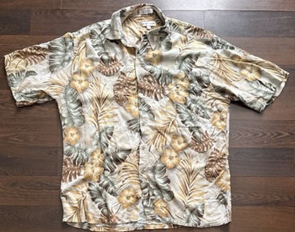 Pierre Cardin 90s Rayon Hawaiian Shirt L Earth Tone Palm